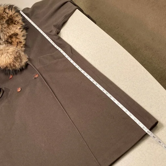 Vintage Gemini Army Green 100% Wool Trench Coat with Raccoon Fur Collar Women XL - Picture 15 of 16